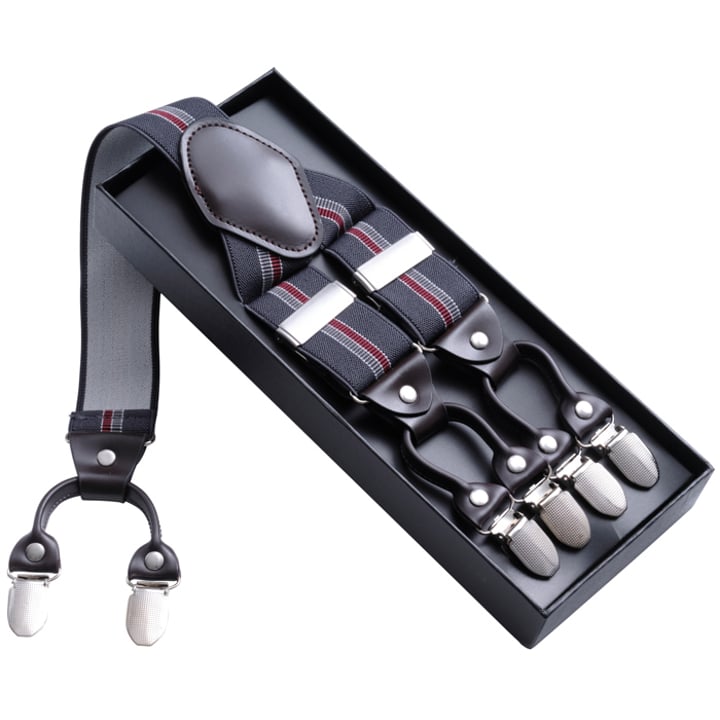 Bretelle grigie con righe rosse e grigio chiaro grigio