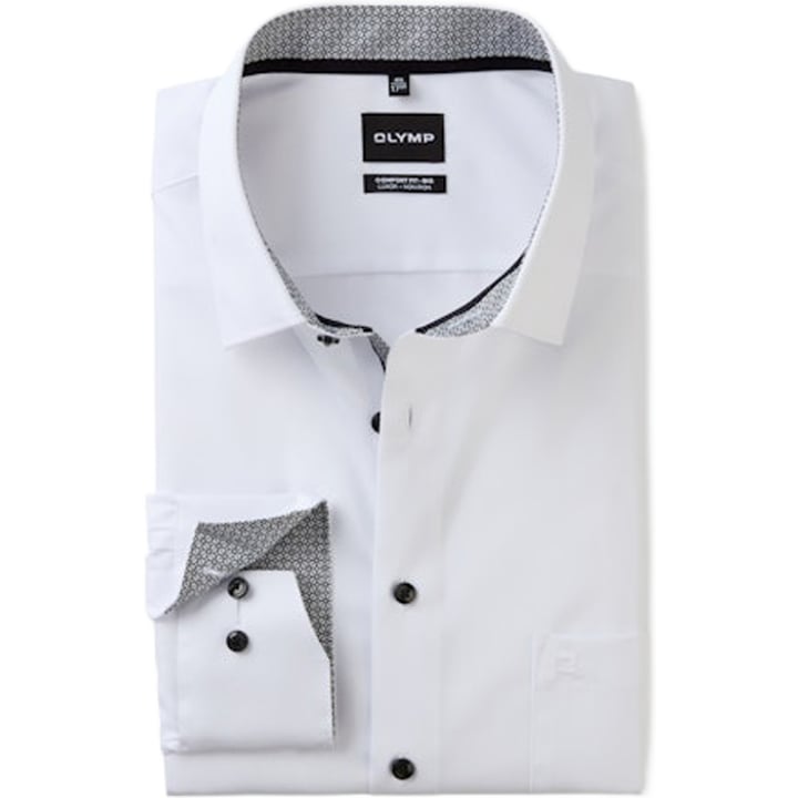 Olymp Luxor Camicia | Comfort Fit | Bianco | 100% Cotone | Taschino | Non-stiro | Dettagli grigi