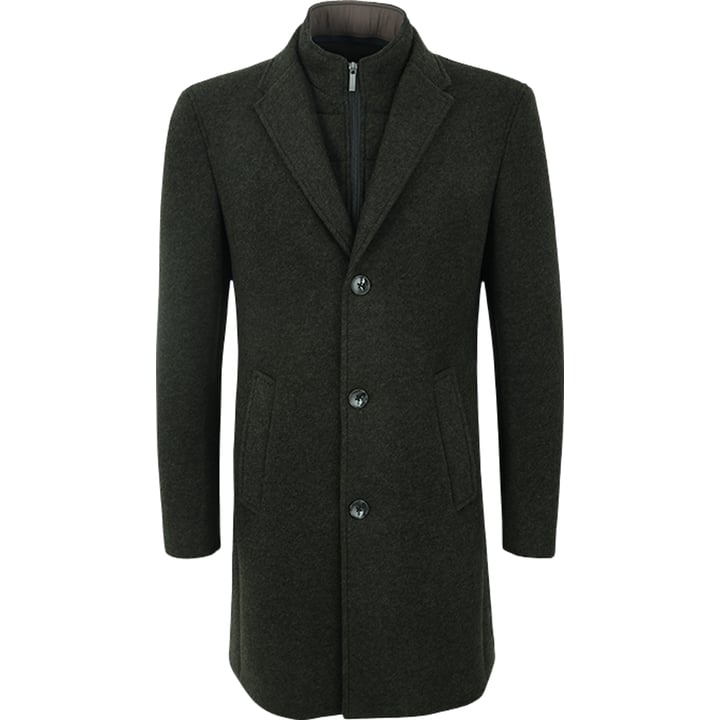 Henk ter Horst cappotto invernale con patta antivento staccabile, mélange verde scuro