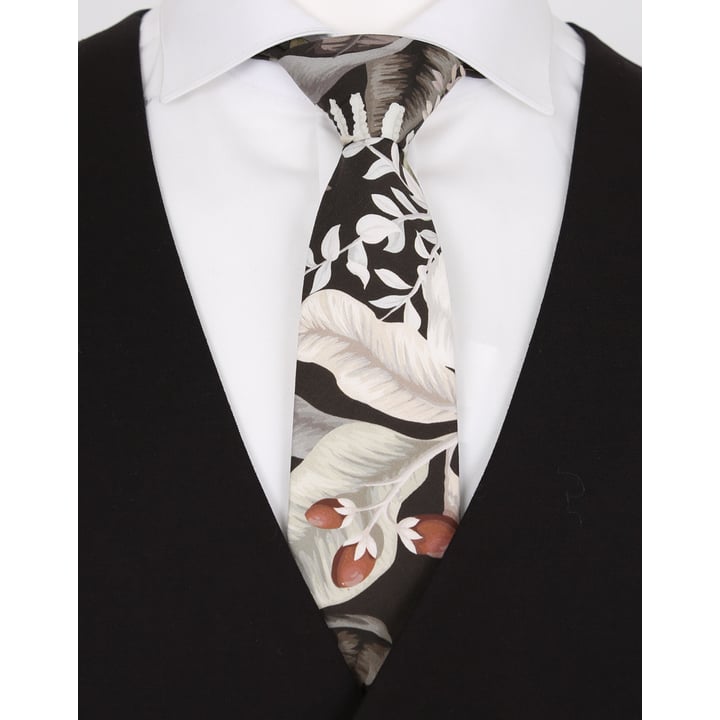 Henk ter Horst cravatta 100% cotone con stampa foglie e crisantemi beige