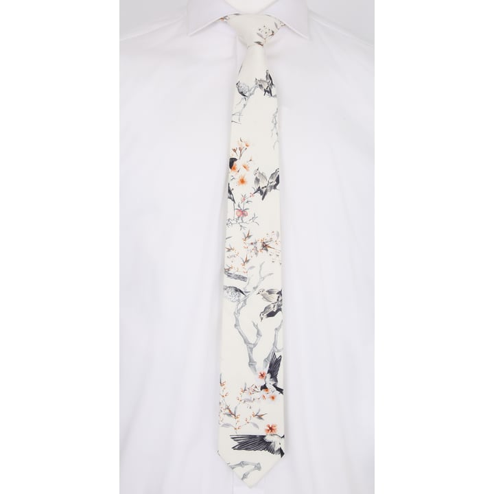 Henk ter Horst cravatta 100% cotone con stampa rondini chinoiserie avorio