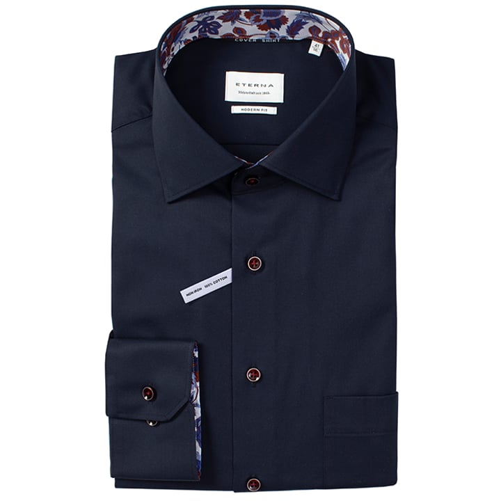 Camicia Eterna modern fit 100% cotone easy iron a manica lunga con taschino sul petto navy