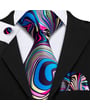 Henk ter Horst, set di cravatte in seta con gemelli e fazzoletto da taschino, multicolore con blu